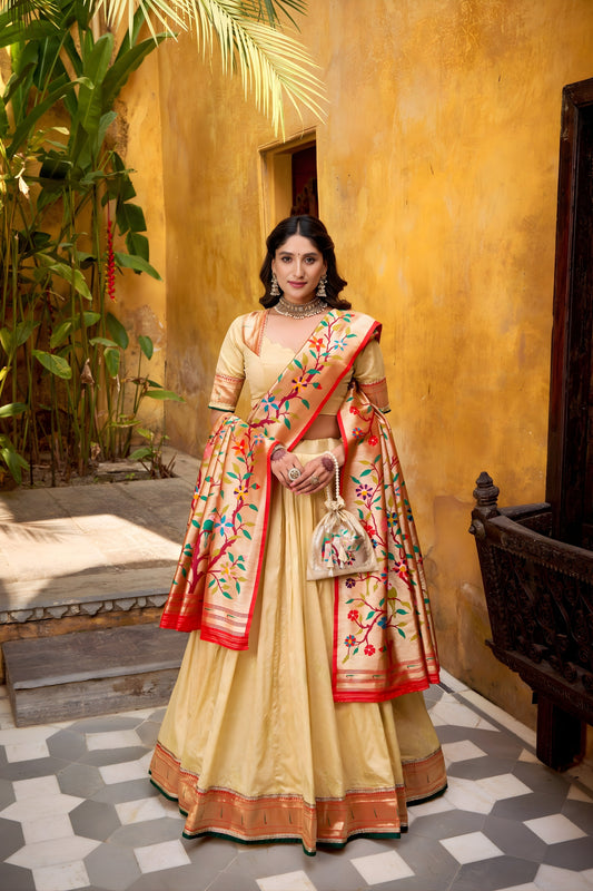 Elegant Beige Paithani Silk Lehenga Choli with Multicolor Floral Dupatta for Wedding