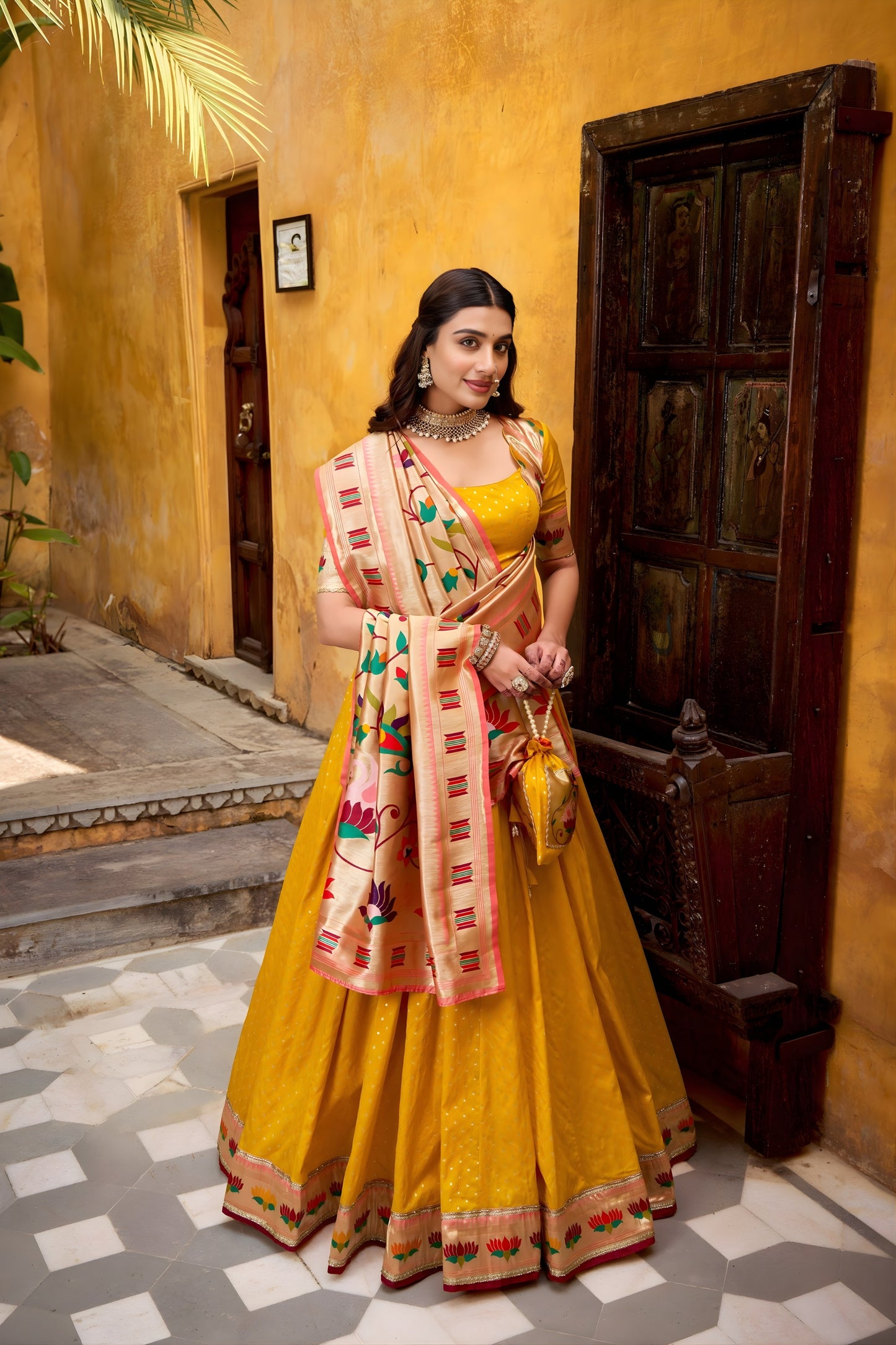 Graceful Yellow Paithani Silk Lehenga Choli with Multicolor Floral Dupatta
