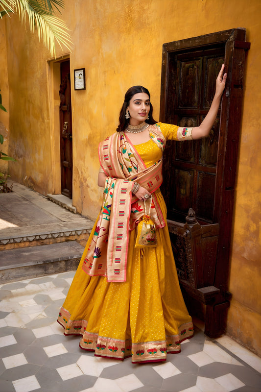 Graceful Yellow Paithani Silk Lehenga Choli with Multicolor Floral Dupatta
