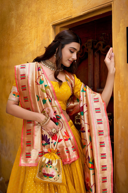 Graceful Yellow Paithani Silk Lehenga Choli with Multicolor Floral Dupatta