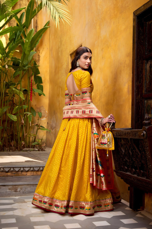 Graceful Yellow Paithani Silk Lehenga Choli with Multicolor Floral Dupatta