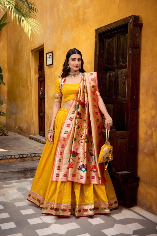 Graceful Yellow Paithani Silk Lehenga Choli with Multicolor Floral Dupatta