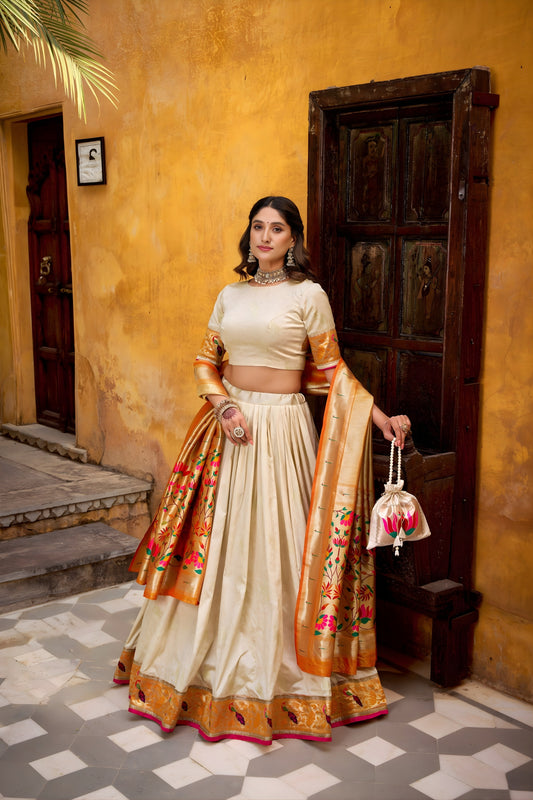 Lovely Off-White Paithani Silk Lehenga Choli with Multicolor Floral Dupatta for Wedding