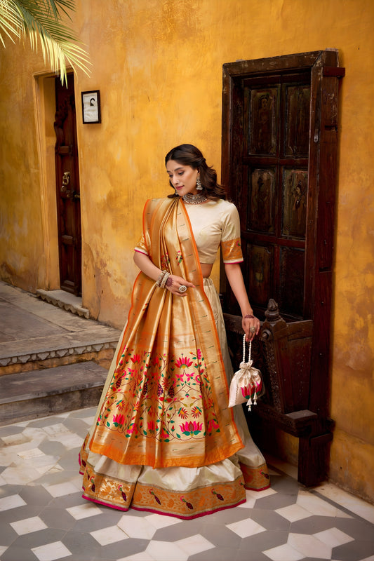 Lovely Off-White Paithani Silk Lehenga Choli with Multicolor Floral Dupatta for Wedding