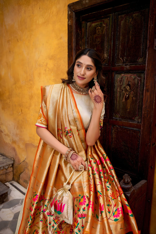 Lovely Off-White Paithani Silk Lehenga Choli with Multicolor Floral Dupatta for Wedding