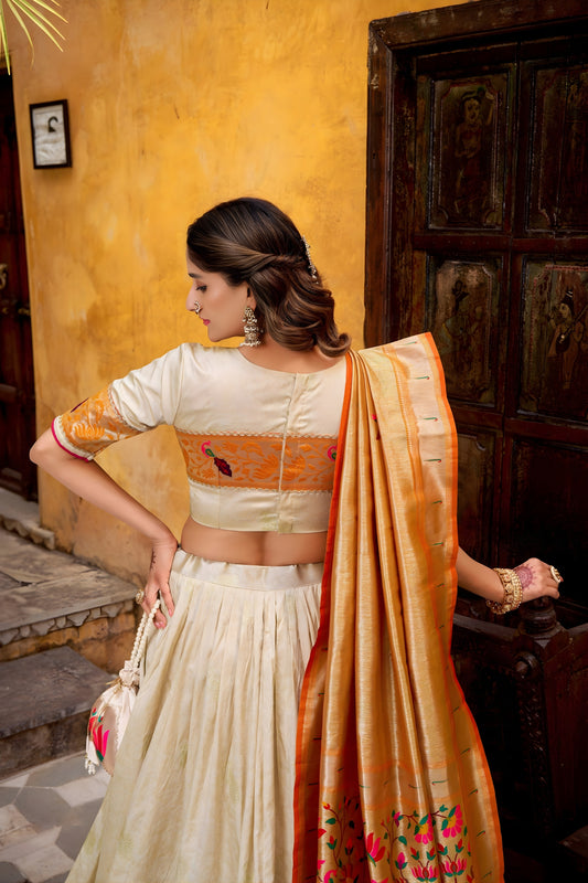 Lovely Off-White Paithani Silk Lehenga Choli with Multicolor Floral Dupatta for Wedding