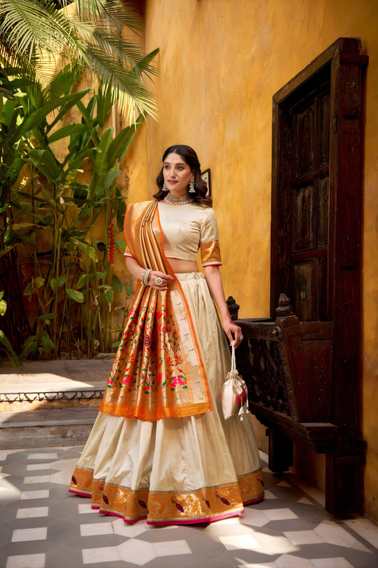 Lovely Off-White Paithani Silk Lehenga Choli with Multicolor Floral Dupatta for Wedding