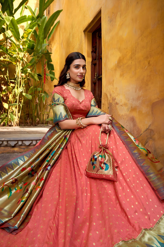 Charming Peach Paithani Silk Lehenga Choli with Multicolor Floral Dupatta for Wedding