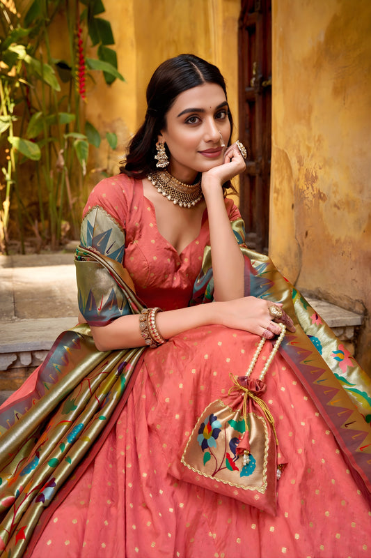 Charming Peach Paithani Silk Lehenga Choli with Multicolor Floral Dupatta for Wedding