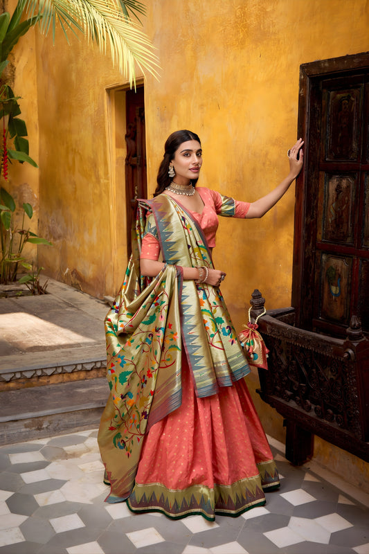Charming Peach Paithani Silk Lehenga Choli with Multicolor Floral Dupatta for Wedding