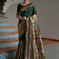 Green Banarasi Silk Saree Antique Gold Zari Multicolor Traditional Wear