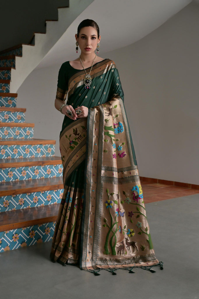 Green Banarasi Silk Saree Antique Gold Zari Multicolor Traditional Wear