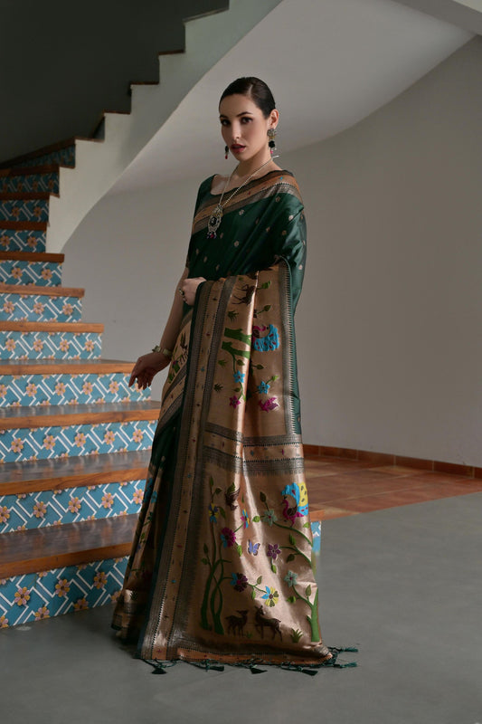 Green Banarasi Silk Saree Antique Gold Zari Multicolor Traditional Wear