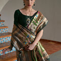 Green Banarasi Silk Saree Antique Gold Zari Multicolor Traditional Wear