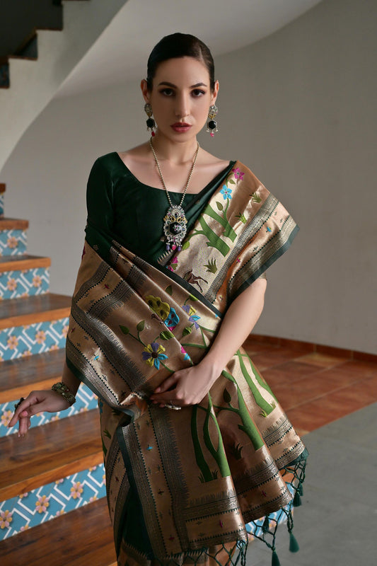 Green Banarasi Silk Saree Antique Gold Zari Multicolor Traditional Wear