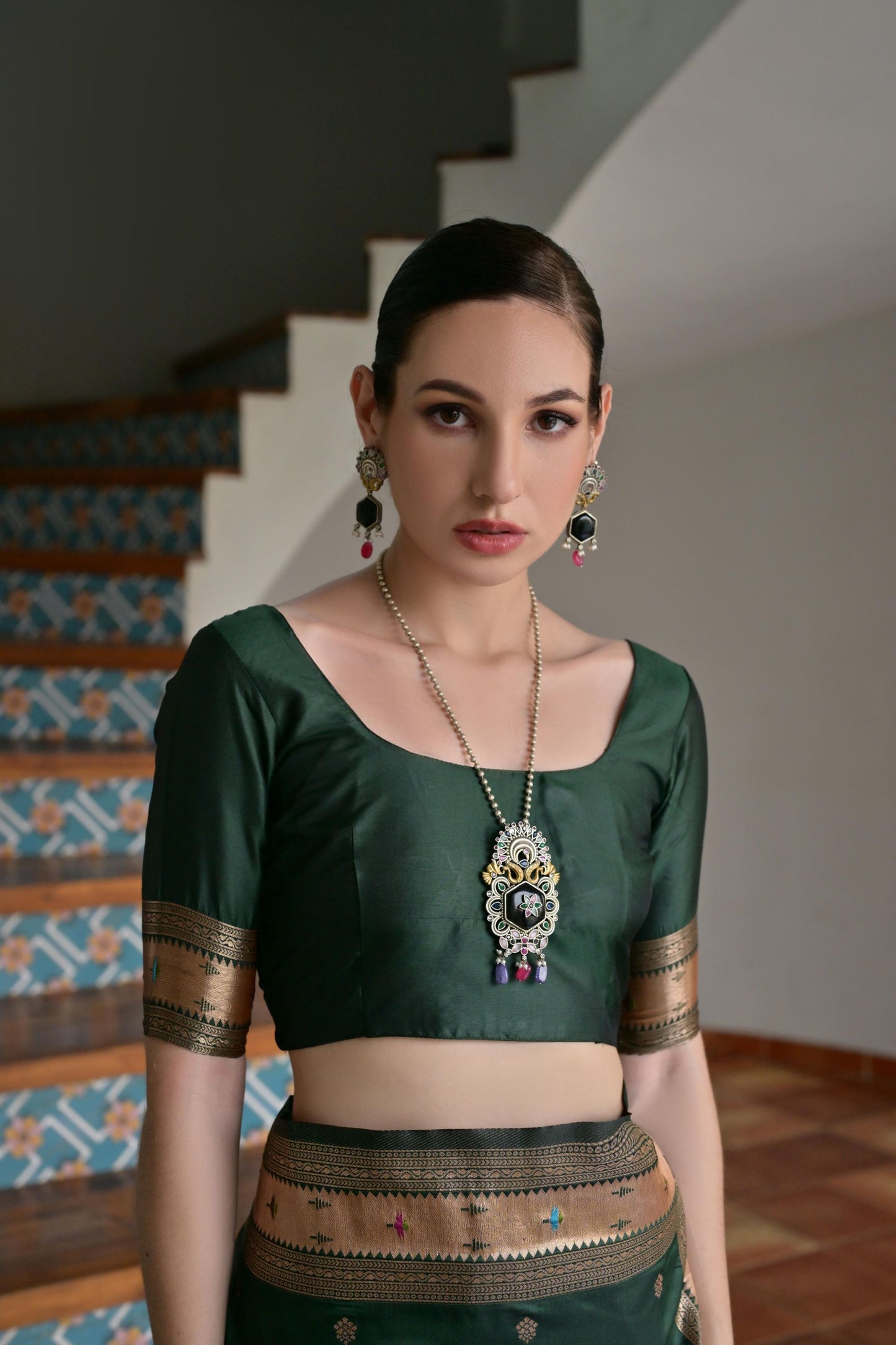 Green Banarasi Silk Saree Antique Gold Zari Multicolor Traditional Wear