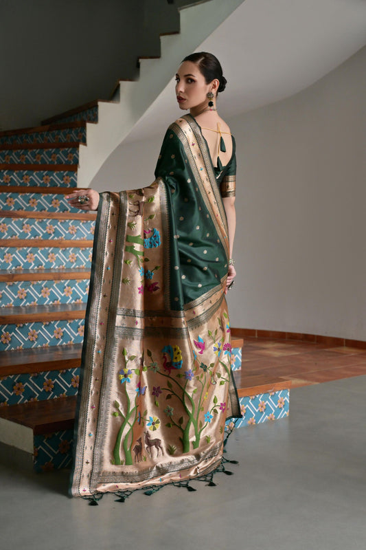 Green Banarasi Silk Saree Antique Gold Zari Multicolor Traditional Wear