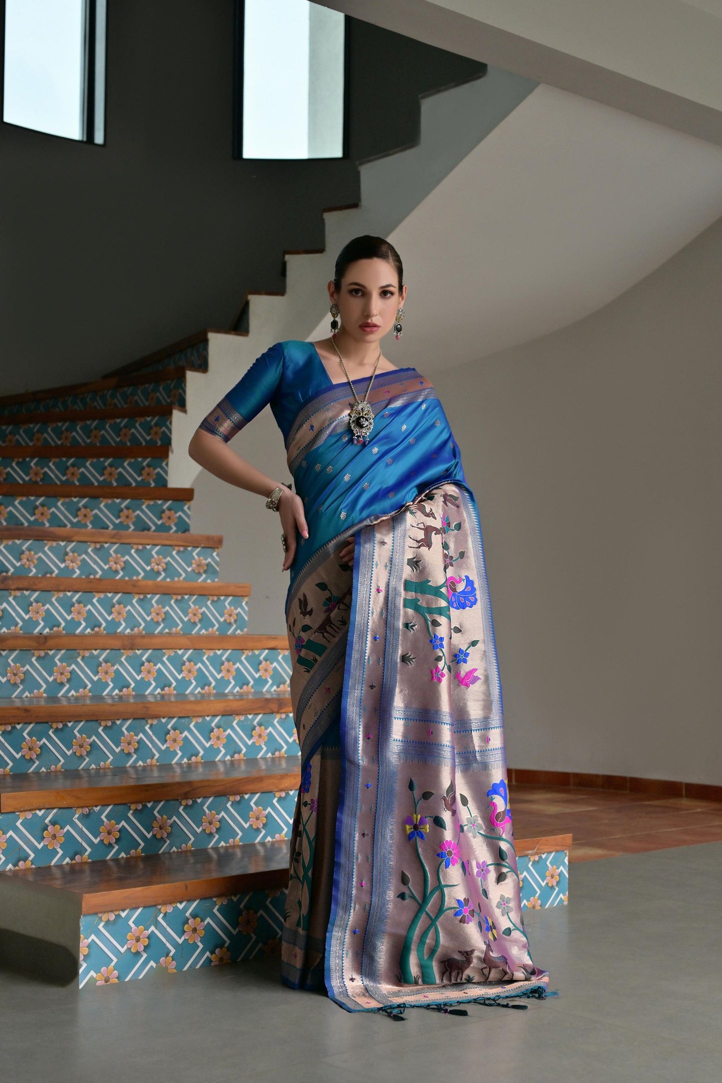 Royal Blue Banarasi Silk Saree Antique Gold Zari Multicolor Traditional Wear