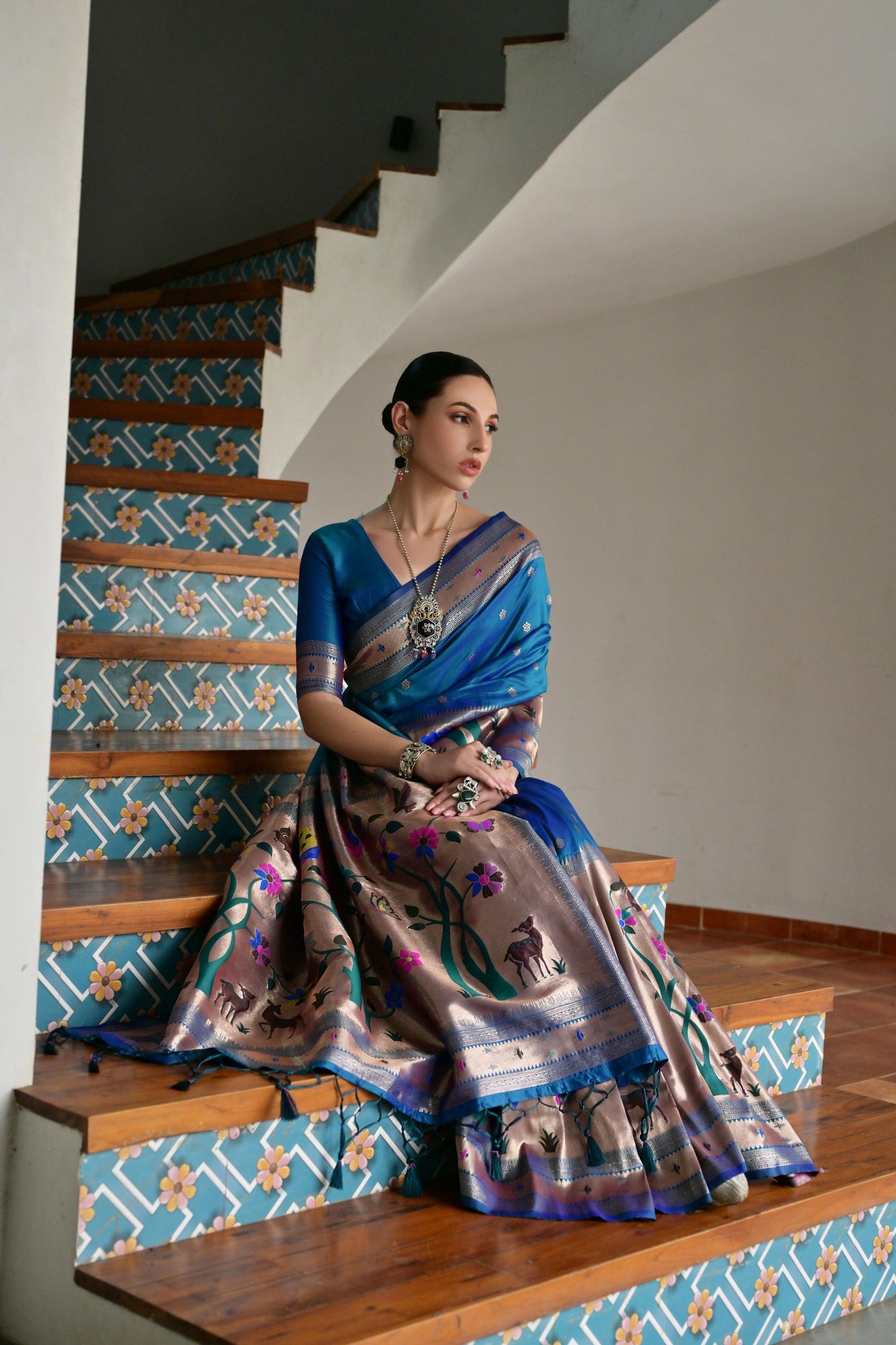 Royal Blue Banarasi Silk Saree Antique Gold Zari Multicolor Traditional Wear