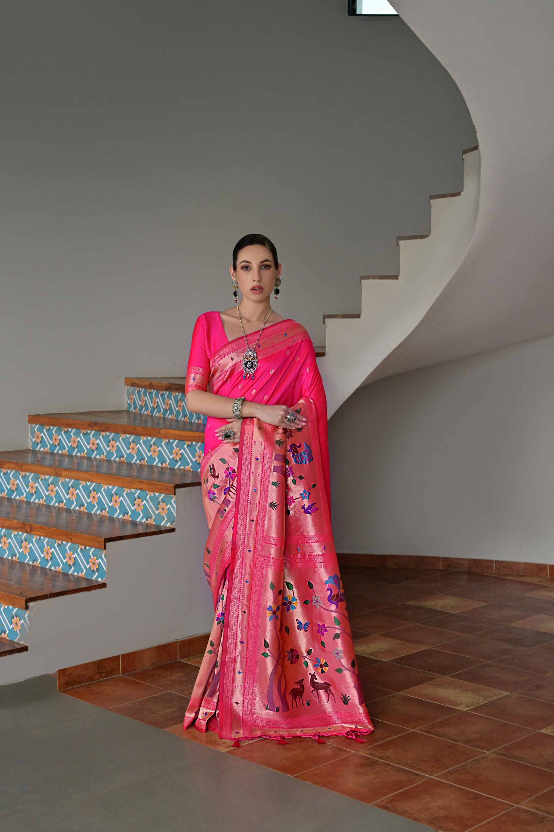 Rani Pink Banarasi Silk Saree Antique Gold Zari Multicolor Traditional Wear