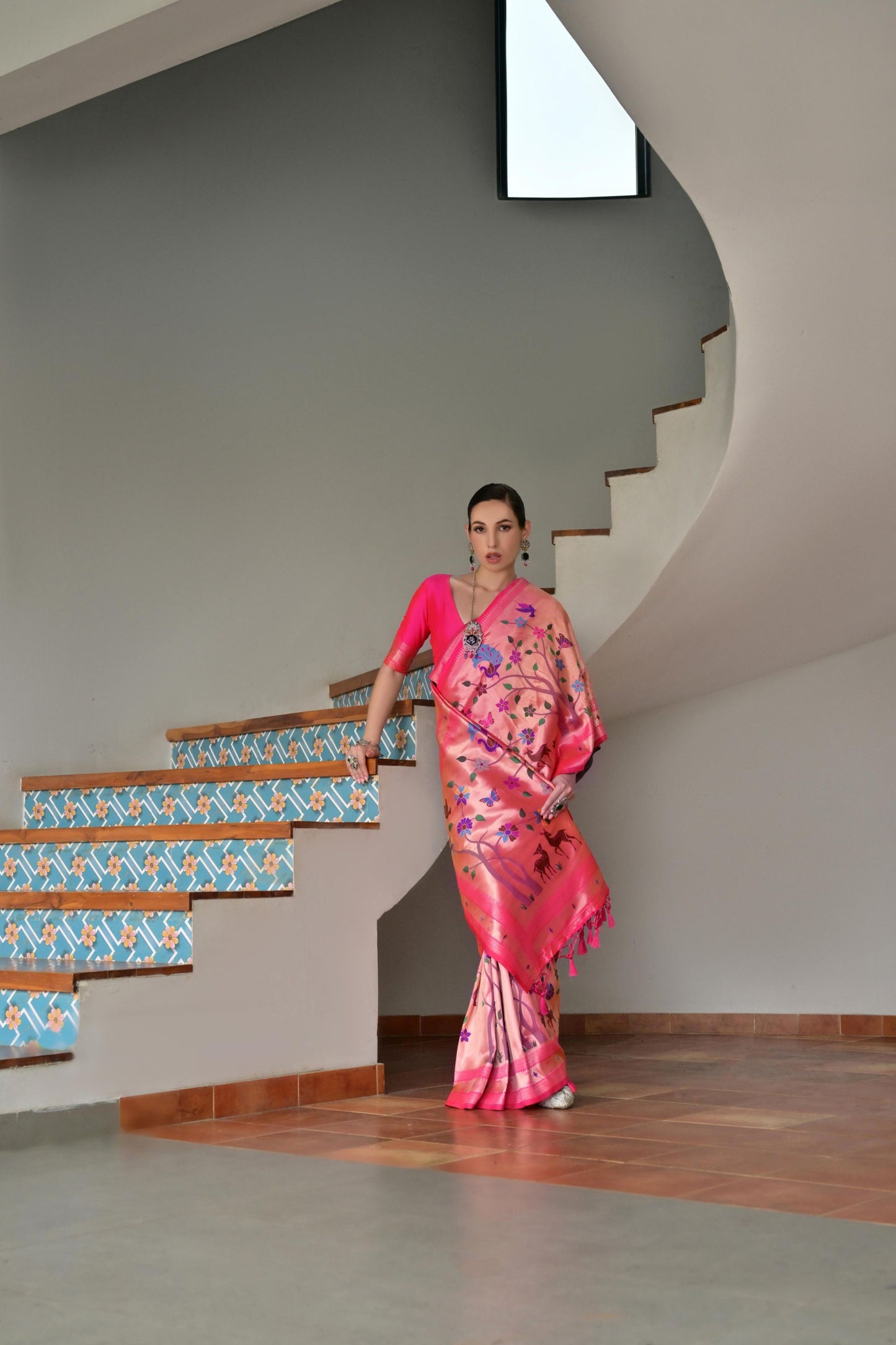 Rani Pink Banarasi Silk Saree Antique Gold Zari Multicolor Traditional Wear