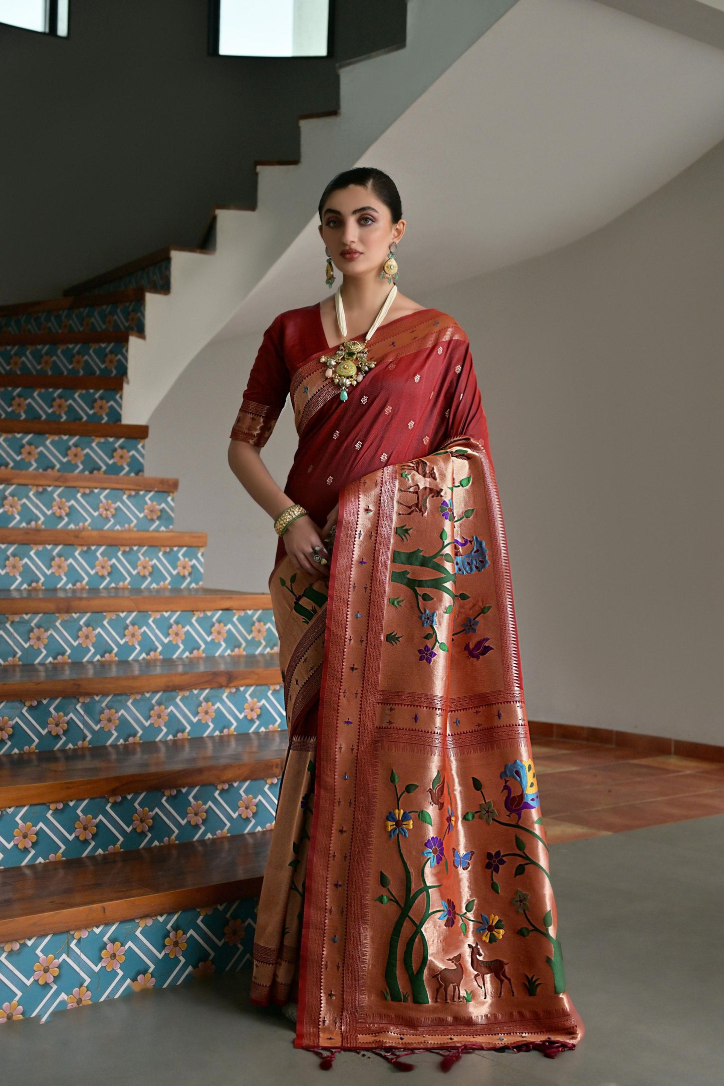 Maroon Banarasi Silk Saree Antique Gold Zari Multicolor Traditional Wear