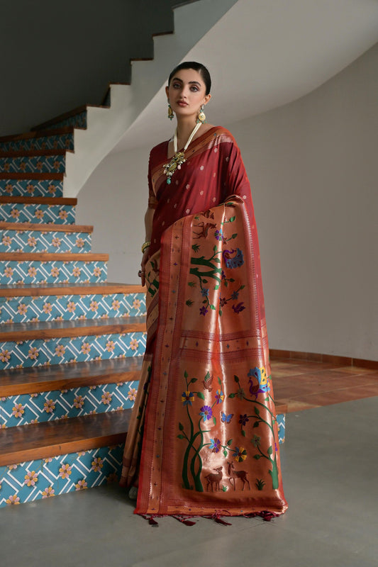 Maroon Banarasi Silk Saree Antique Gold Zari Multicolor Traditional Wear