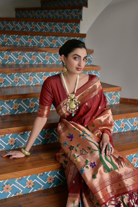 Maroon Banarasi Silk Saree Antique Gold Zari Multicolor Traditional Wear