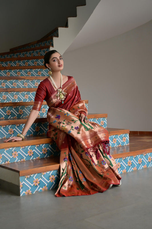 Maroon Banarasi Silk Saree Antique Gold Zari Multicolor Traditional Wear