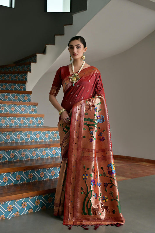 Maroon Banarasi Silk Saree Antique Gold Zari Multicolor Traditional Wear