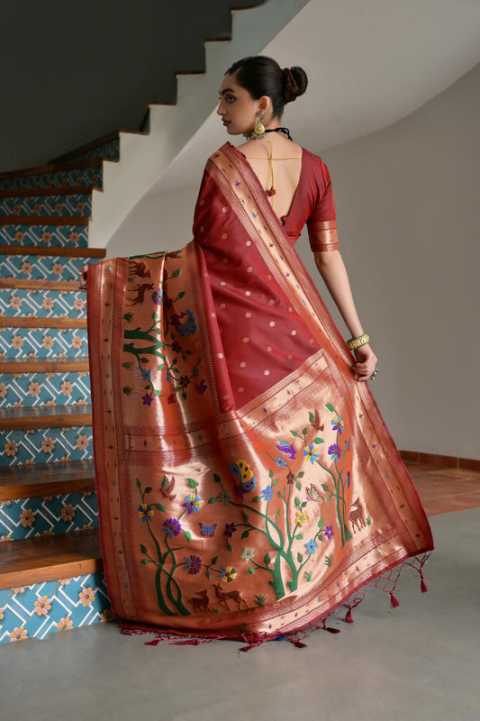 Maroon Banarasi Silk Saree Antique Gold Zari Multicolor Traditional Wear