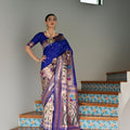 Royal Blue Banarasi Silk Saree Antique Zari Border Handloom Floral Pallu 