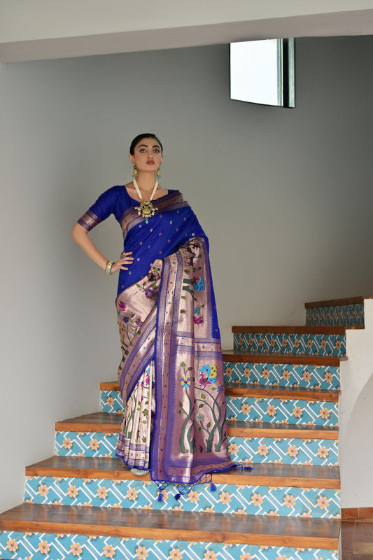 Royal Blue Banarasi Silk Saree Antique Zari Border Handloom Floral Pallu 