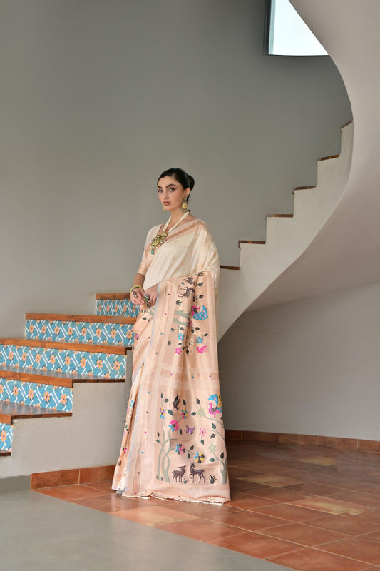 Pastel Peach Handwoven Silk Saree with Folk Art Motifs Floral Border