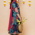 Adorable Navy Blue Floral Printed Chanderi Silk Girls Salwar Suit with Dupatta for Wedding