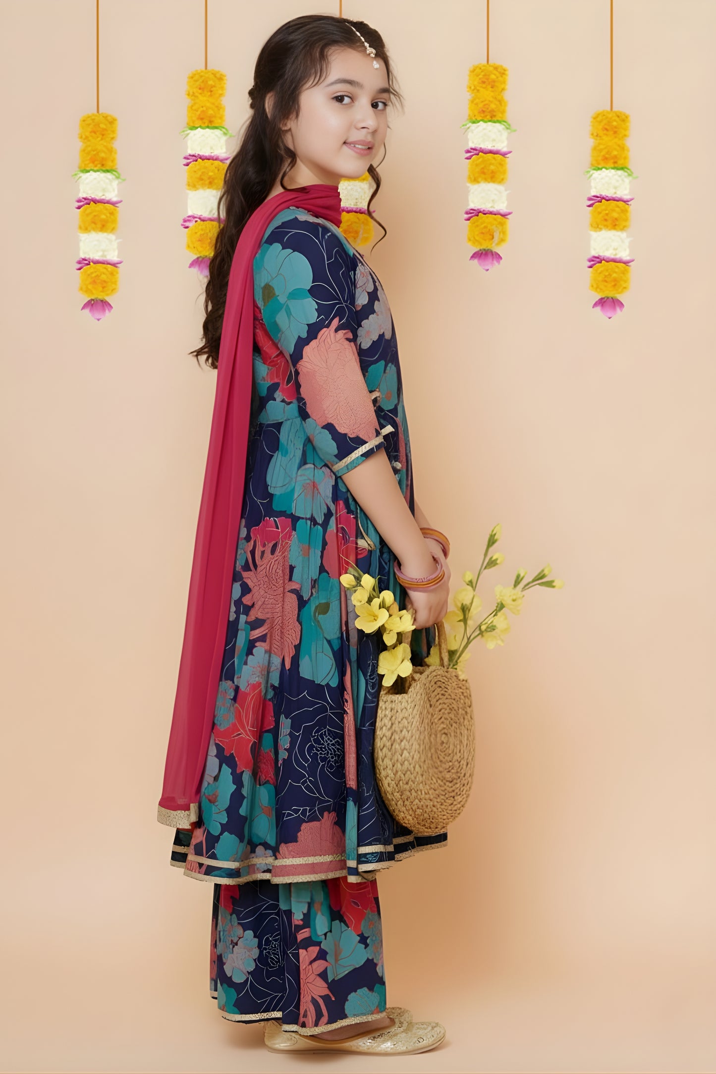 Adorable Navy Blue Floral Printed Chanderi Silk Girls Salwar Suit with Dupatta for Wedding