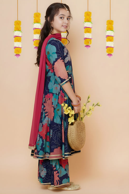 Adorable Navy Blue Floral Printed Chanderi Silk Girls Salwar Suit with Dupatta for Wedding