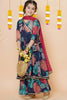 Adorable Navy Blue Floral Printed Chanderi Silk Girls Salwar Suit with Dupatta for Wedding