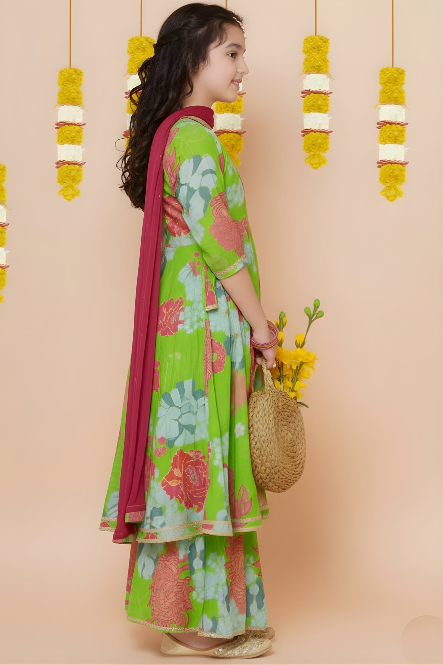 Charming Green Floral Printed Chanderi Silk Girls Salwar Suit with Dupatta for Wedding