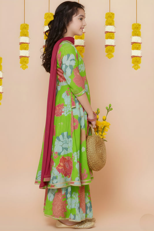Charming Green Floral Printed Chanderi Silk Girls Salwar Suit with Dupatta for Wedding