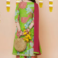 Charming Green Floral Printed Chanderi Silk Girls Salwar Suit with Dupatta for Wedding
