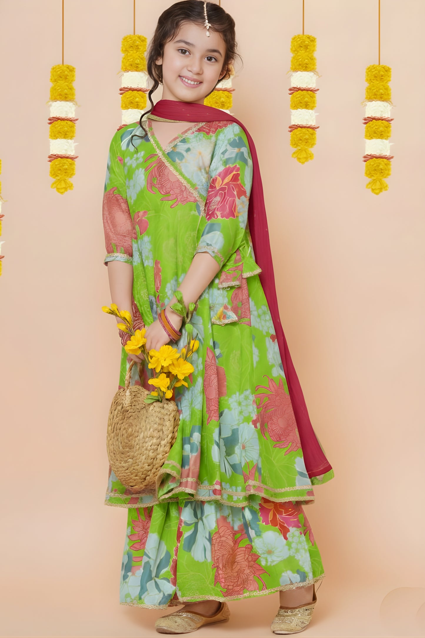 Charming Green Floral Printed Chanderi Silk Girls Salwar Suit with Dupatta for Wedding