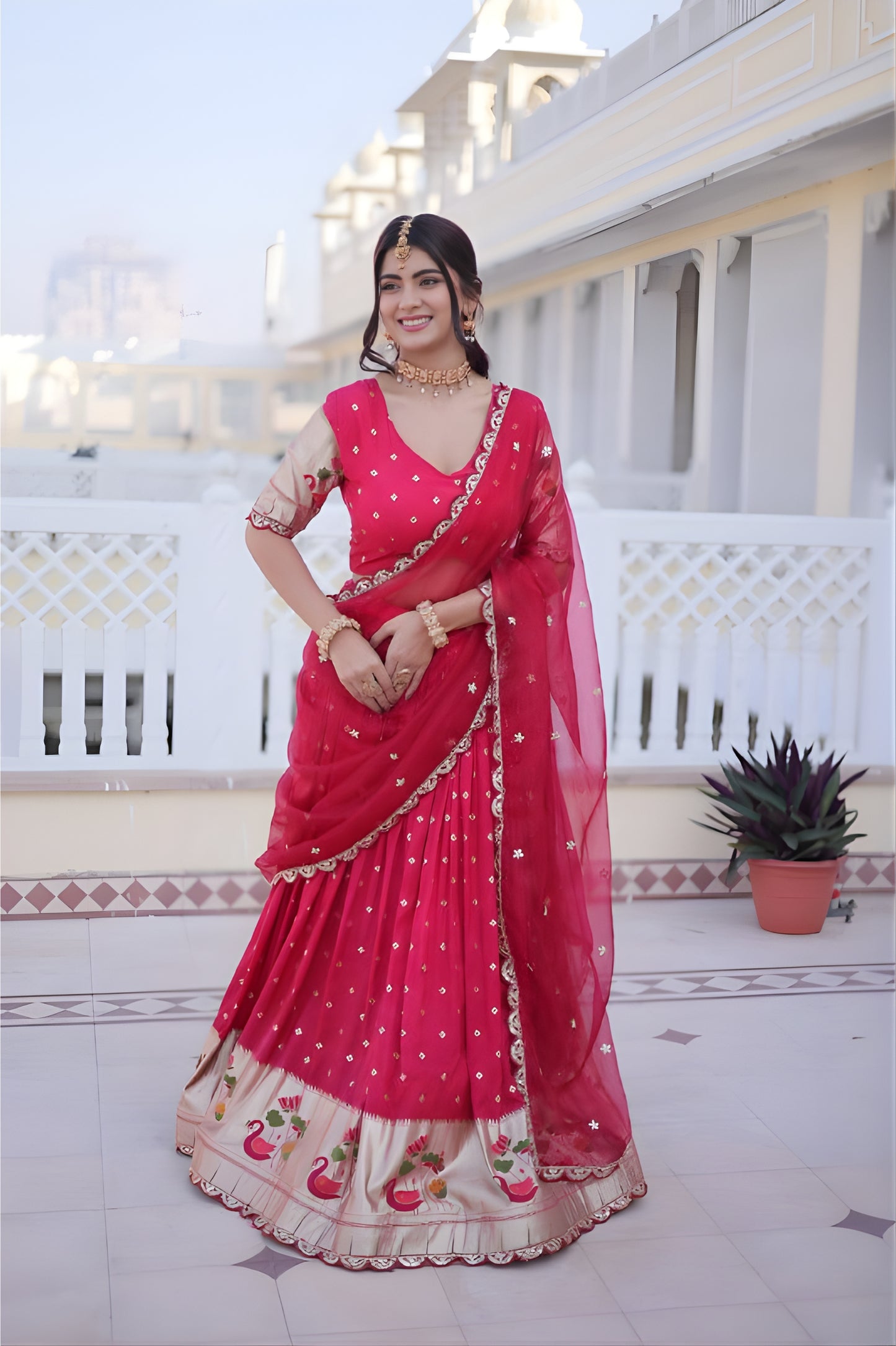 Designer Rani Pink Embroidered Dola Silk Lehenga Choli with Dupatta for Wedding