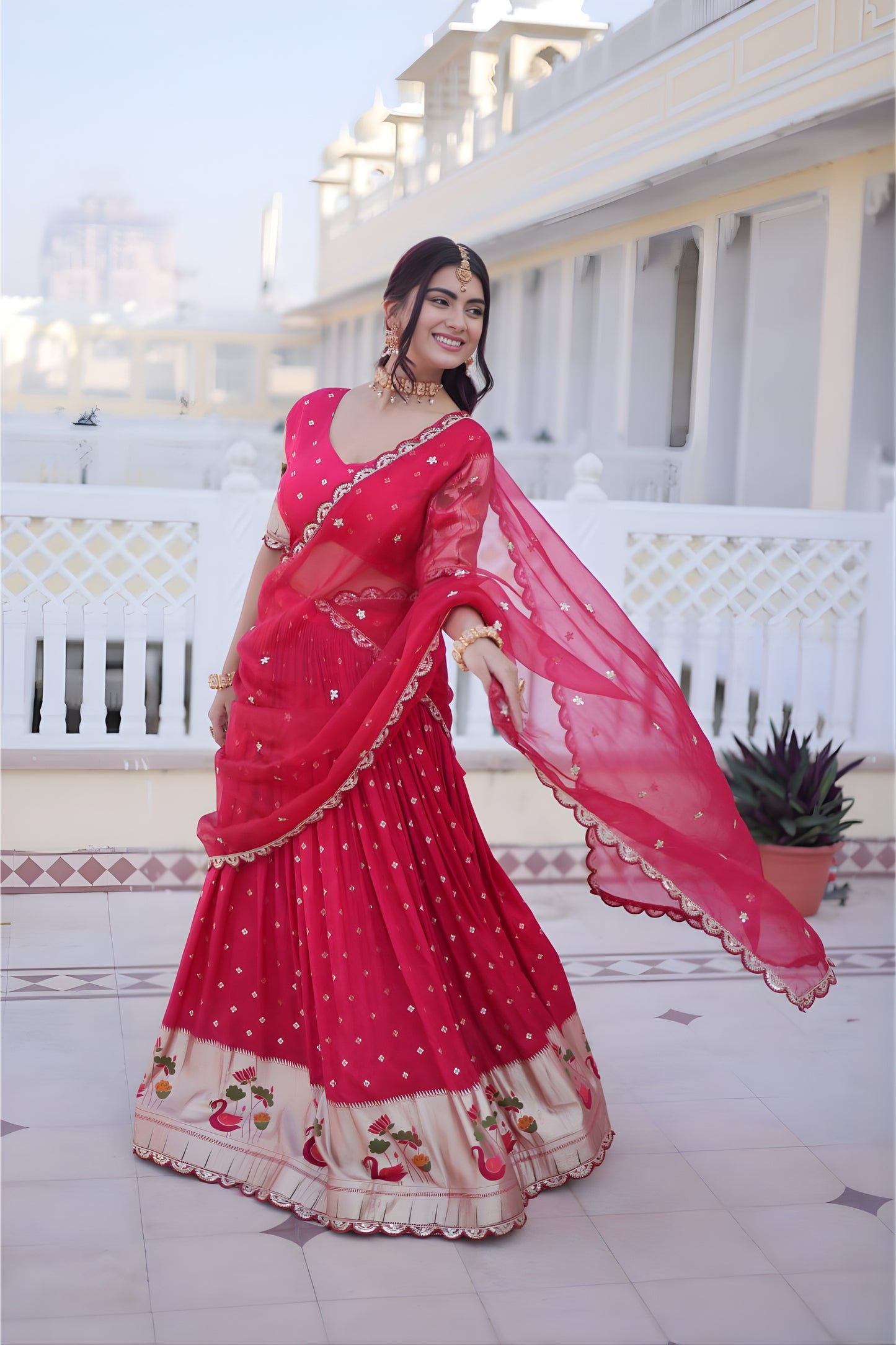 Designer Rani Pink Embroidered Dola Silk Lehenga Choli with Dupatta for Wedding