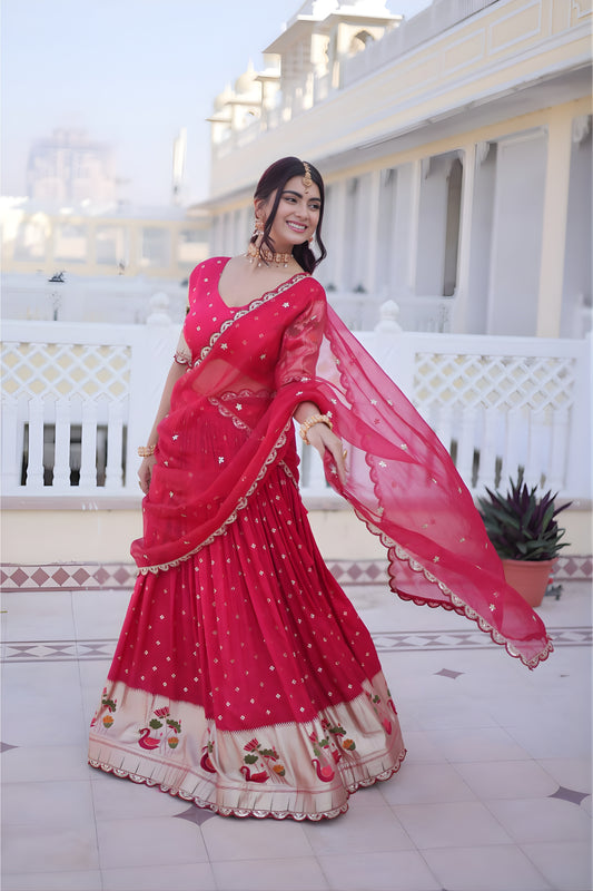 Designer Rani Pink Embroidered Dola Silk Lehenga Choli with Dupatta for Wedding