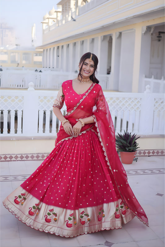 Designer Rani Pink Embroidered Dola Silk Lehenga Choli with Dupatta for Wedding
