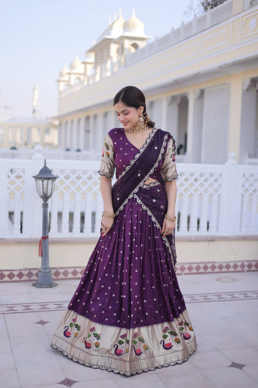 Luxury Purple Dola Silk Embroidered Lehenga Choli Set with Dupatta for Wedding