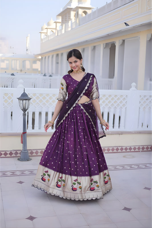 Luxury Purple Dola Silk Embroidered Lehenga Choli Set with Dupatta for Wedding
