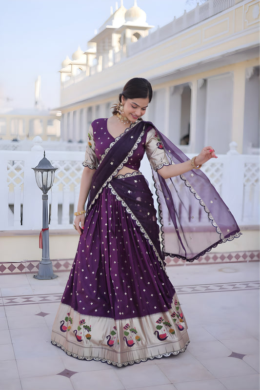 Luxury Purple Dola Silk Embroidered Lehenga Choli Set with Dupatta for Wedding