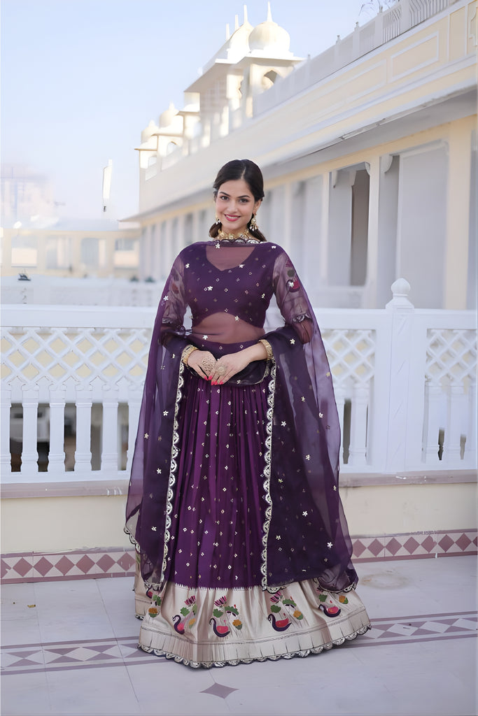 Luxury Purple Dola Silk Embroidered Lehenga Choli Set with Dupatta for Wedding